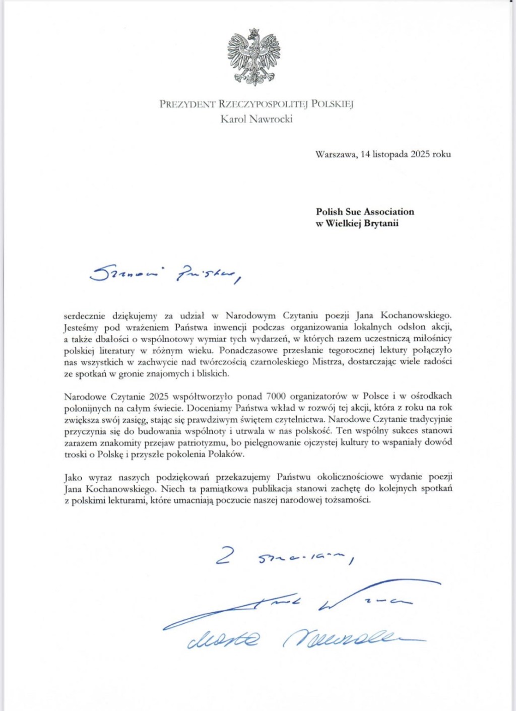 List Prezydenta RP – wyjątkowy zaszczyt dla Polish Sue Association.&nbsp;&nbsp;