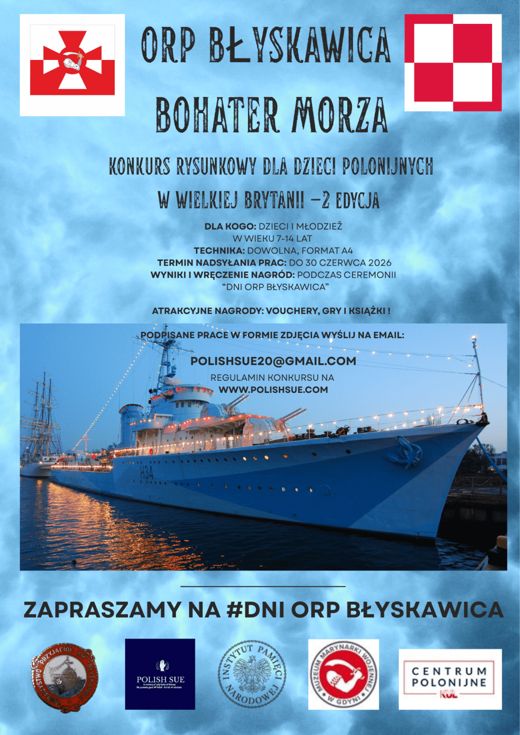 „ORP BŁYSKAWICA – BOHATER MORZA”.  Konkurs rysunkowy dla dzieci polonijnych szkół w Wielkiej Brytanii – 2 Edycja przedłużony do 30&nbsp;czerwca.